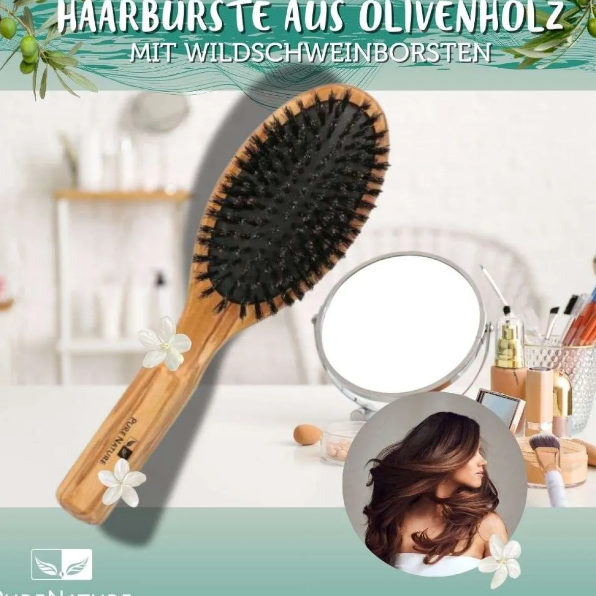 Haarbürste aus Olivenholz mit Wildschweinborsten