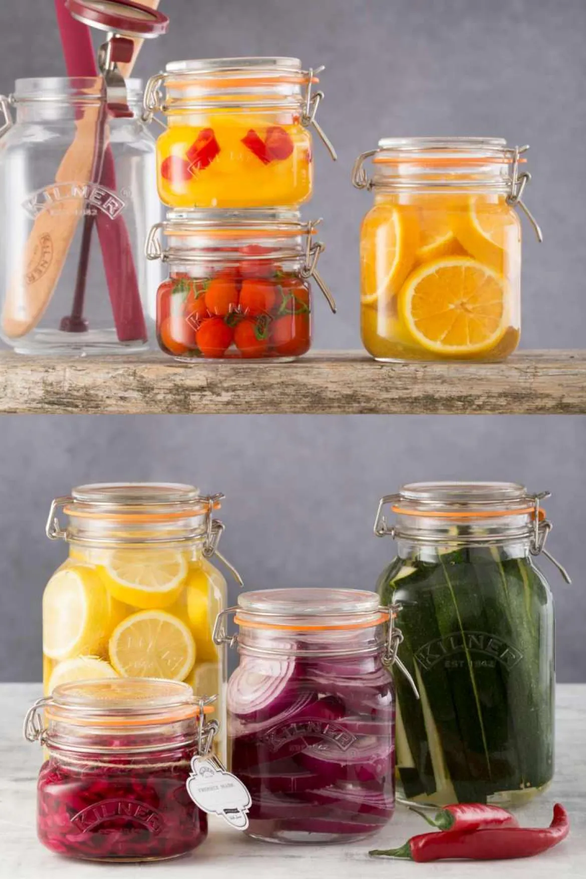 Kilner Gewürzgläser mit Glasdeckel - in dekorativer Holzkiste