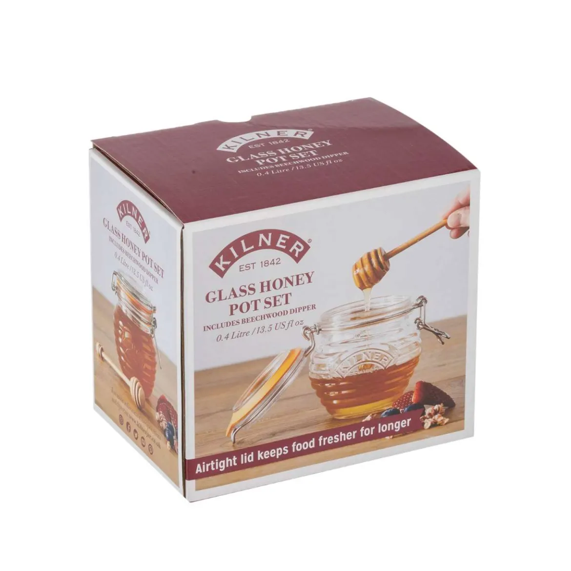 Kilner Honigglas mit Löffel aus Holz - Bienenstock Design