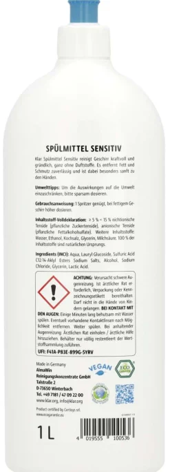 Klar Spülmittel sensitiv: duftfrei, vegan