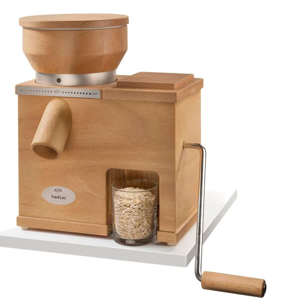 KoMo Getreidemühle Holz Fidifloc 21 - elektrische Mühle mit Handflocker