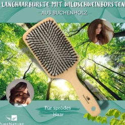 Langhaarbürste mit Wildschweinborsten, Paddle aus Buchenholz