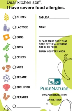 PureNature Allergiekarte fürs Restaurant bei Allergie in Sprache DE / EN