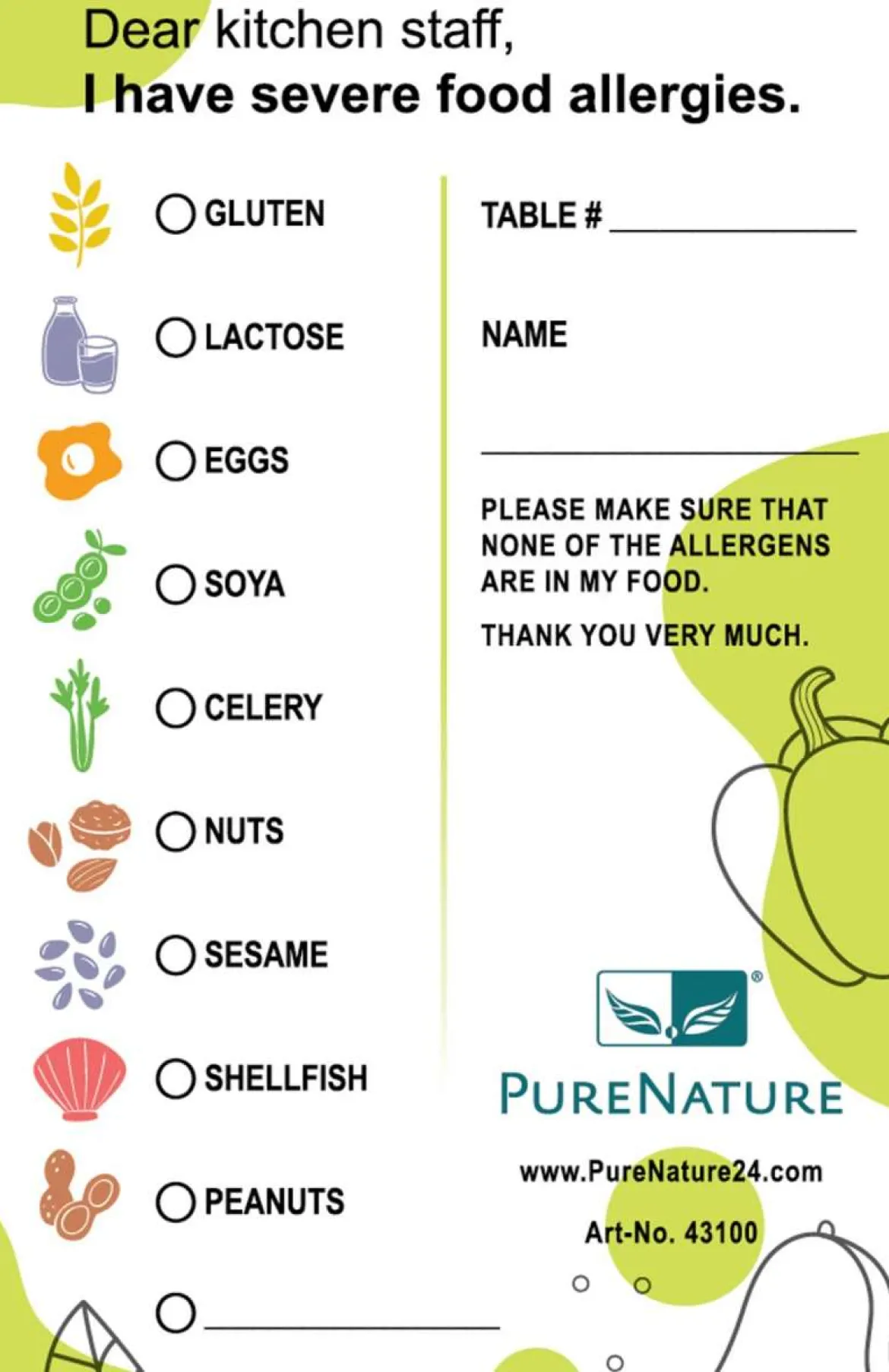 PureNature Allergiekarte fürs Restaurant bei Allergie in Sprache DE / EN