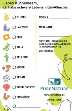 PureNature Allergiekarte fürs Restaurant bei Allergie in Sprache DE / EN