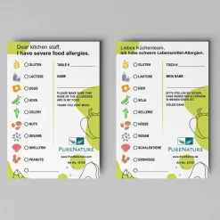 PureNature Allergiekarte fürs Restaurant bei Allergie in Sprache DE / EN