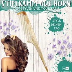 PureNature Kamm aus Horn mit Stiel zum Toupieren und Stylen
