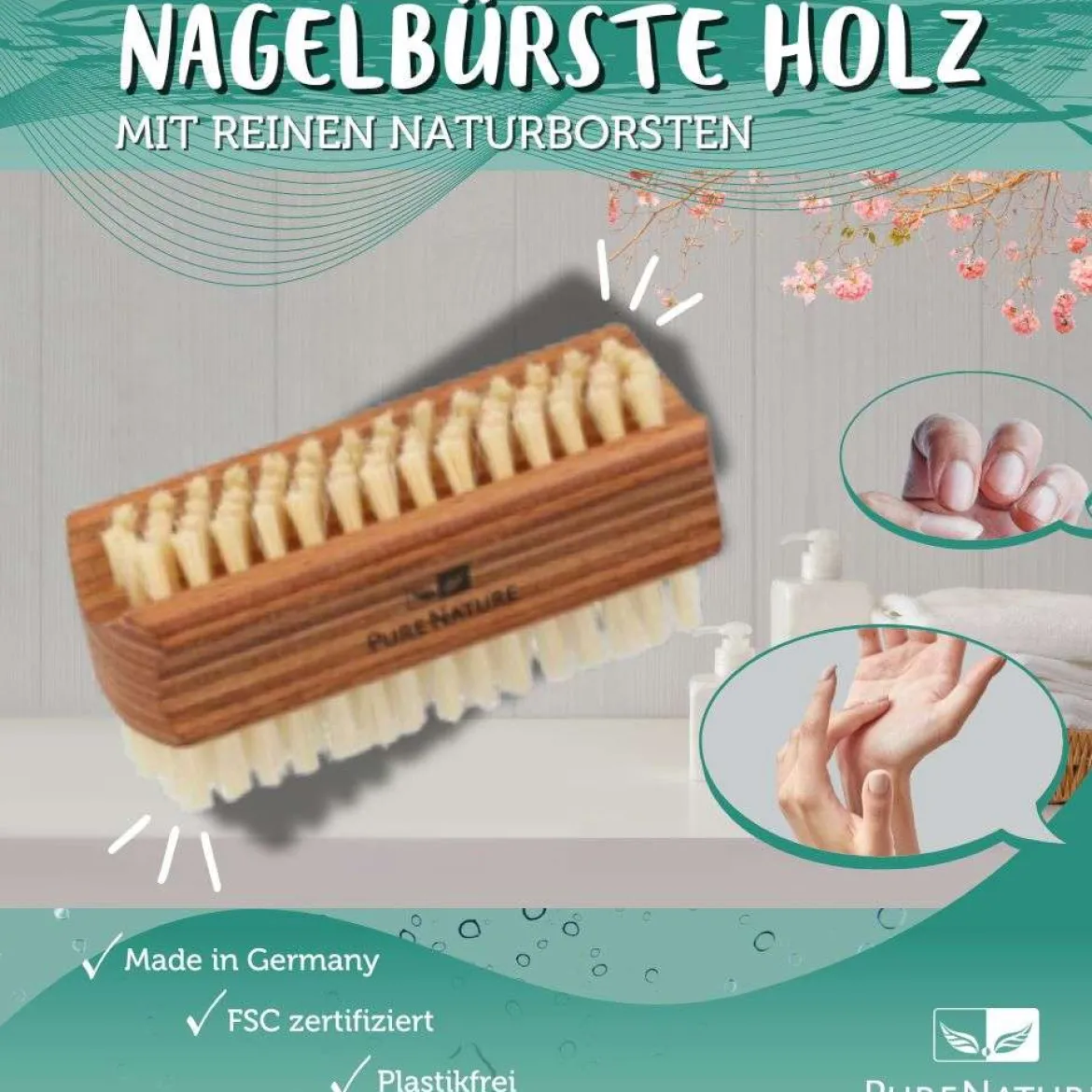PureNature Nagelbürste Holz mit reinen Naturborsten