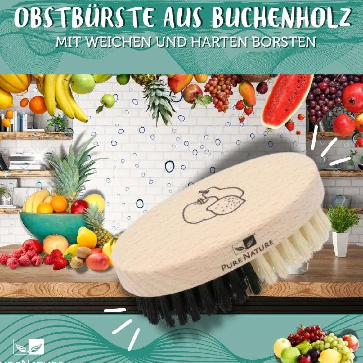PureNature Obstbürste aus Buchenholz mit weichen und harten Borsten